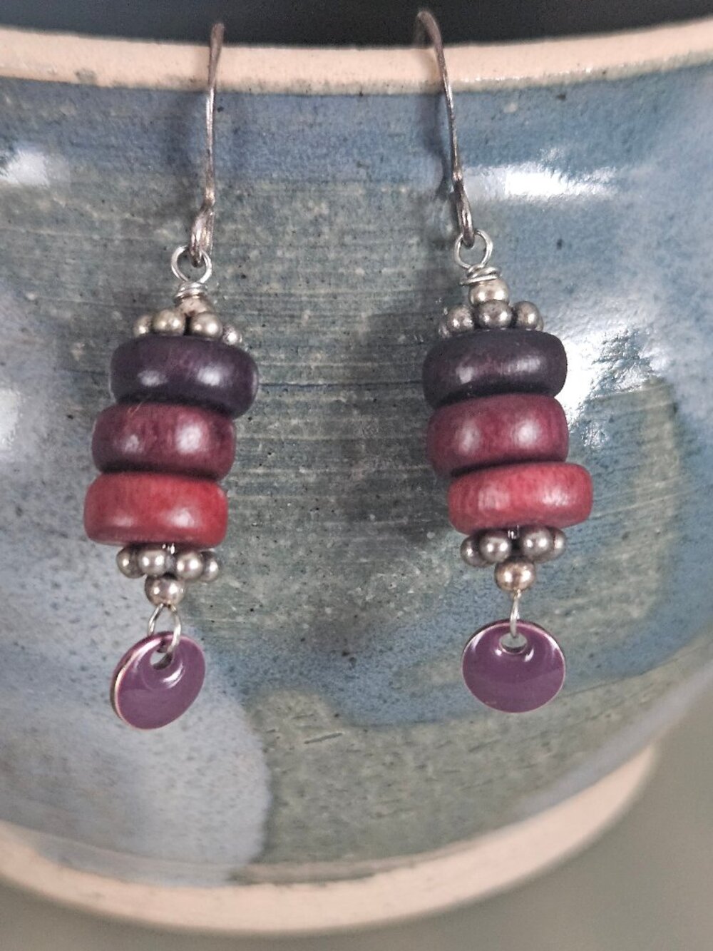 NWOT Susan Every Handmade Wood Bead Drop Earrings Silver Dangle Boho